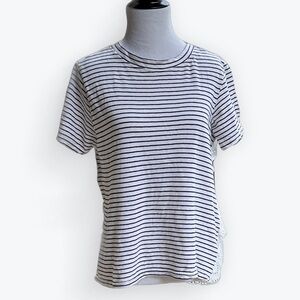 Striped Linen Blend Knit Short Sleeve Shirt Tiered White Eyelet Lace On Back ~ M